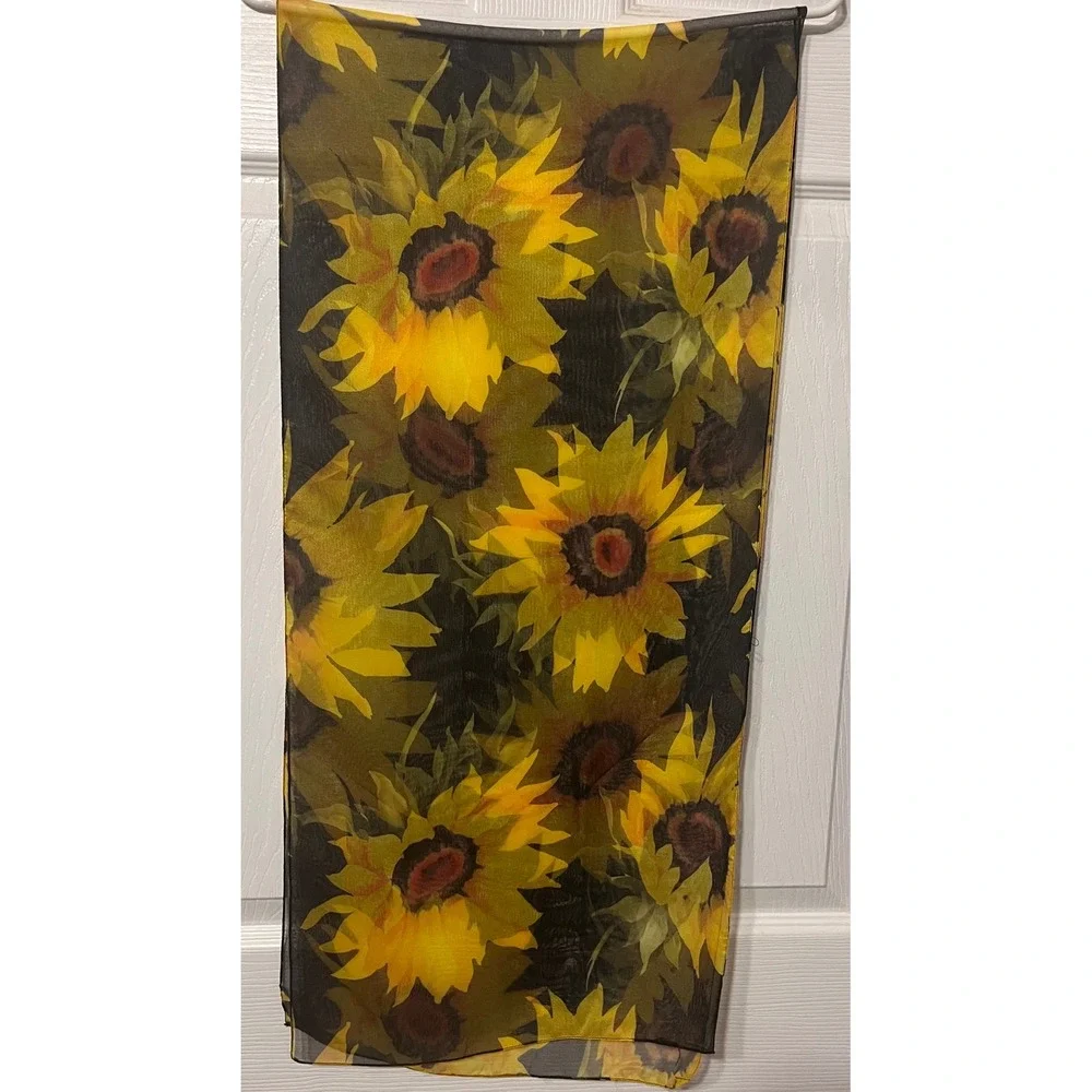 Vintage Style Sunflower Print Sheer Chiffon Scarf Yellow Floral Accessory 15x62